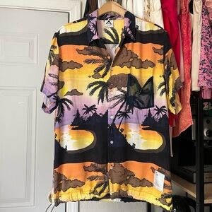 WASTED COLLECTIVE‎ purple black yellow orange sunset tropical print button up